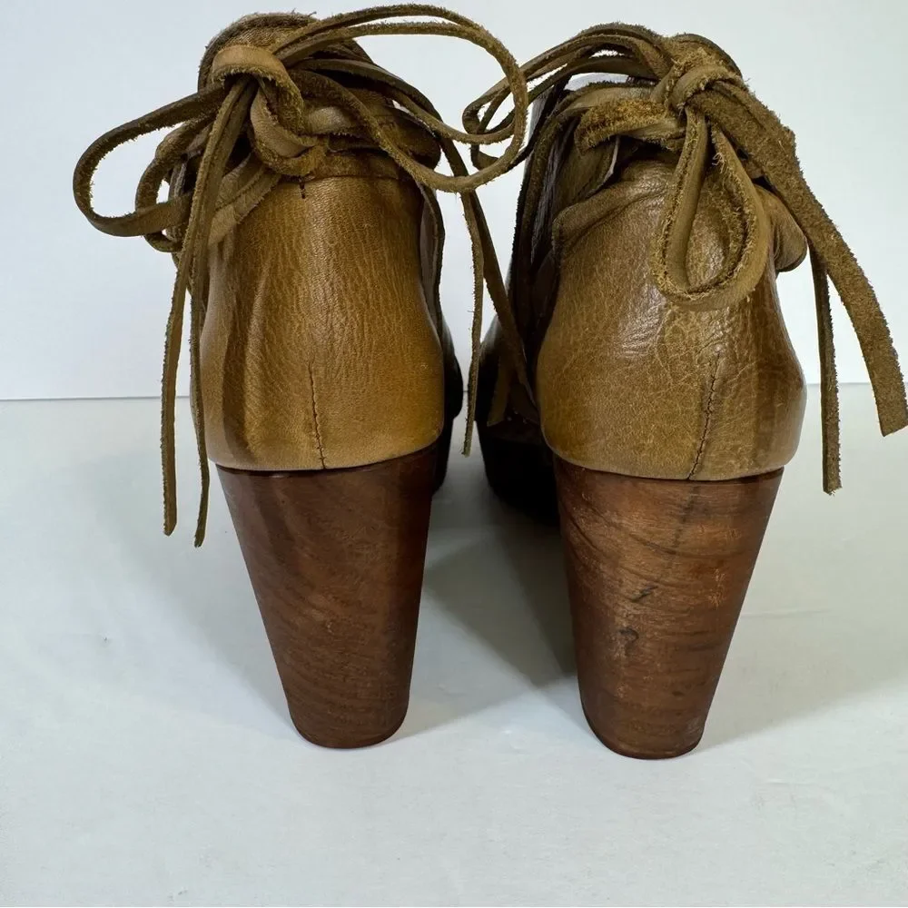 Free People Revolver Clog Tan Leather Tie Back Wood Platform Boho Hippie 39 / 9